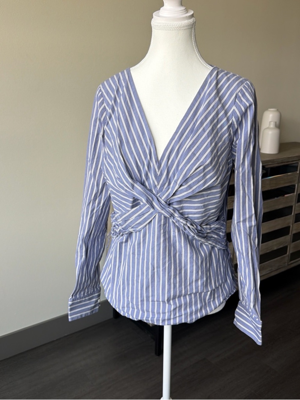 White House Black Market Blue and White Striped Twist-Front Button Down